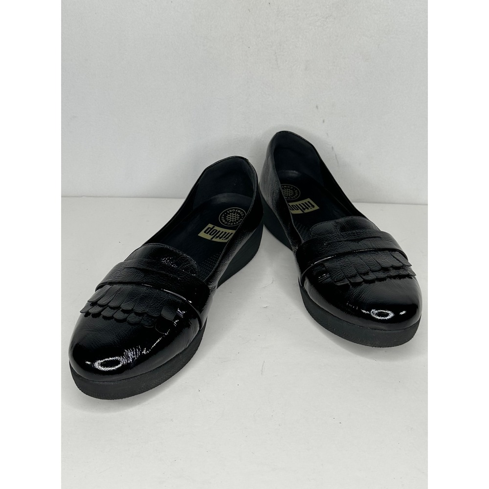 FitFlop Supercomff Black Crinkle Patent Leather Kiltie Fringe Loafers Y2K Sz 9